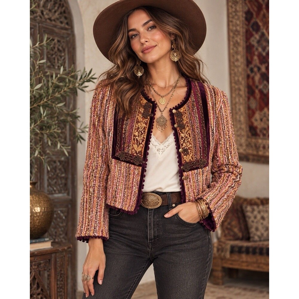 Vintage Y2K Cynthia Steffe Wool Mohair Tweed Jacket Boho Embellished Women S